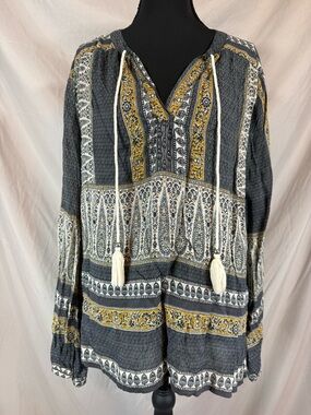 Dylan‎ Boho Paisley Peasant Blouse - Grey/Yellow - Medium